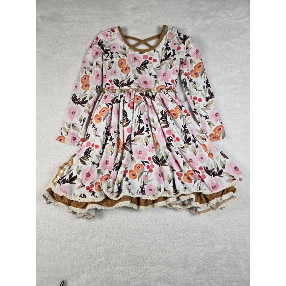 Cheeky Plum Girls Floral Gingham Ruffle Twirl Dress Long Sleeve Pink Brown 6Y